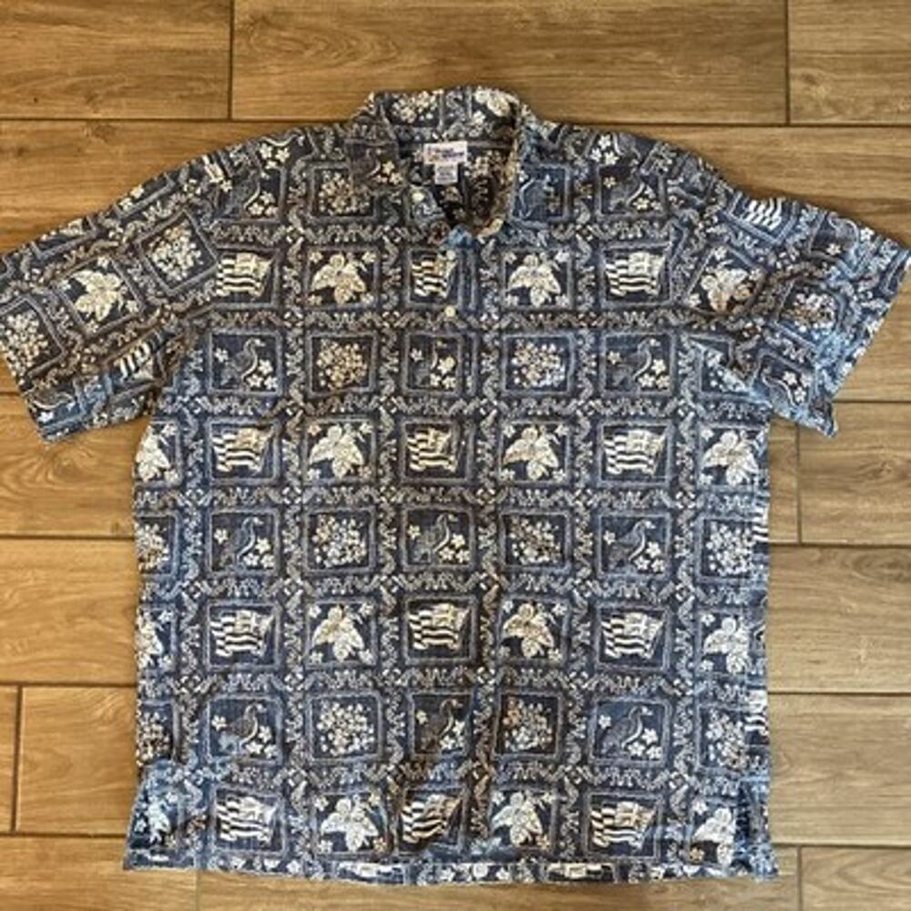 Reyn Spooner Hawaiian Shirt XXL blue short sleeve collared 4 button pullover
